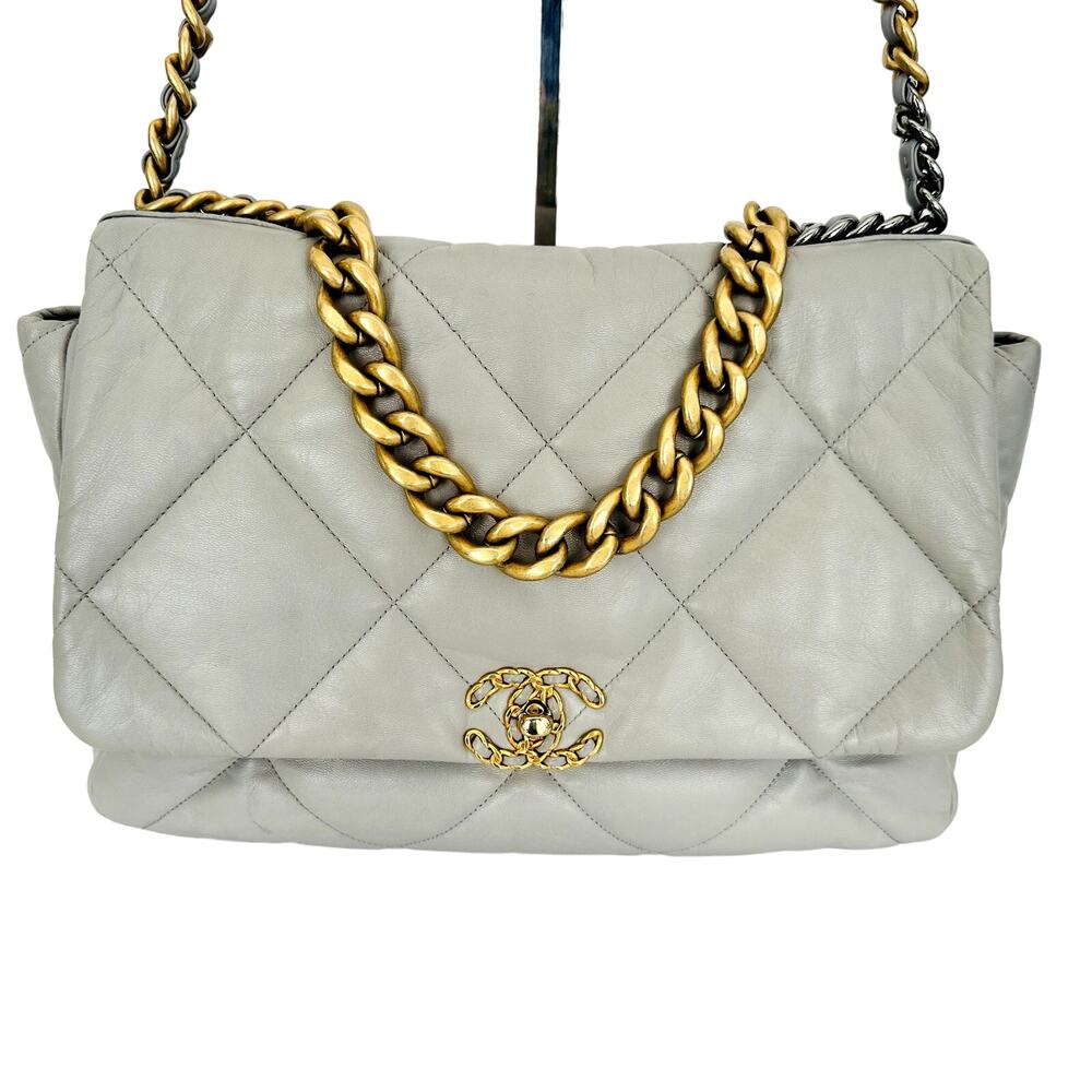 Chanel 19 Goatskin Quilted Medium Flap Purse Grey Tri-Color Chain Full Set & Box